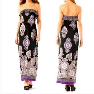 White House Black Market Strapless Black/Purple/White Paisley Maxi Dress M